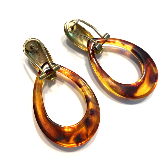 Vintage Pierced Earrings Faux Tortoise Shell Hoops Doorknockers Drop & Dangle - Picture 3 of 7